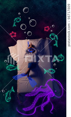 Creative design with line art over space background. Little boy sleeping and having dream about diving, swimming in ocean around fishes 98717809