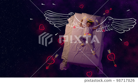 Creative design with line art over space background. Little boy, child sleeping and dreaming about being cupid. Love angel 98717826