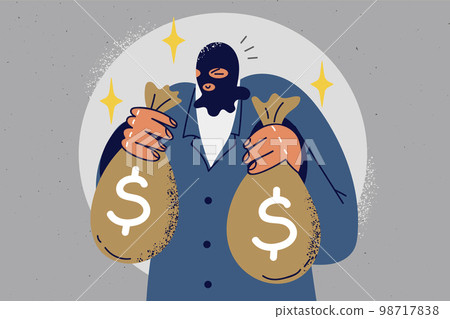 Male robber hold bags with money Male robber hold bags with money 98717838