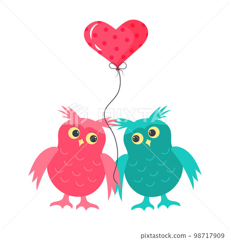 A pair of cute owls in love and heart shaped balloon.  98717909