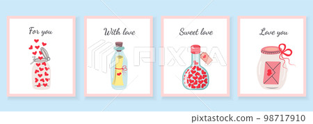 Valentine's Day greeting cards set with glass jars and bottles, hearts and letters inside. Cute love lettering. Design for Valentine and wedding. 98717910
