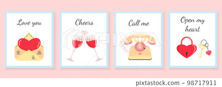 Valentine's Day greeting cards set with envelope, wine glasses, landline phone, lock and key. Cute love lettering. Design for Valentine and wedding. 98717911