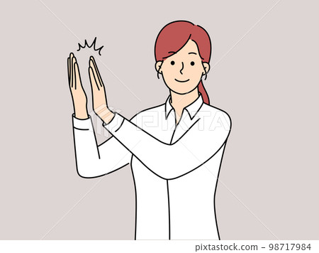 Smiling woman clap hands showing appreciation Smiling woman clap hands showing appreciation 98717984