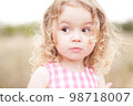 Cute baby girl 2-3 year old posing outdoors. Looking away. Childhood. 98718007