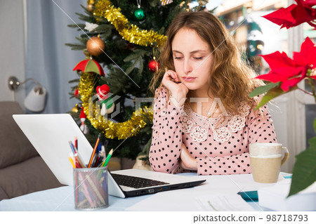 Worried woman working with laptop Worried woman working with laptop 98718793