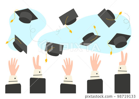 Lettering Graduate 2023. Class of 2023. End of school or last day of school. Caps of graduates fly into the sky.Vector illustration. Flat cartoon style. Lettering Graduate 2023. Class of 2023. End of school or last day of school. Caps of graduates fly into the sky.Vector illustration. Flat cartoon style. 98719133