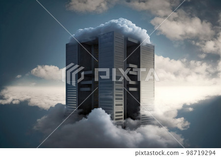 A towering computer server rising above the clouds, symbolizing the limitless potential and power of cloud computing technology, generative AI illustration 98719294