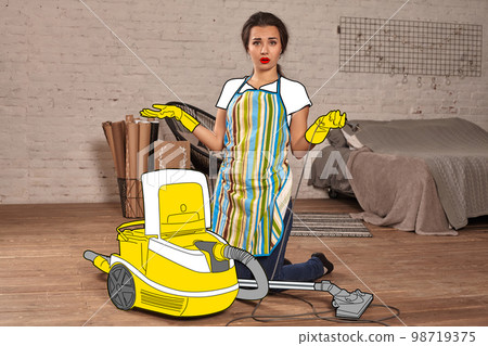Girl in a cartoon apron, rubber gloves and red lips has opened the lid of the vacuum cleaner and looking confused. Girl in a cartoon apron, rubber gloves and red lips has opened the lid of the vacuum cleaner and looking confused. 98719375