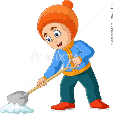 Cartoon little boy in winter clothes shoveling snow Cartoon little boy in winter clothes shoveling snow 98720120