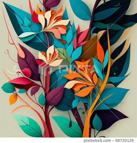 Original floral design with exotic flowers and tropic leaves. Colorful flowers on light background. 98720126