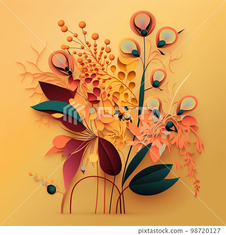 Original floral design with exotic flowers and tropic leaves. Colorful flowers on orange background. 98720127