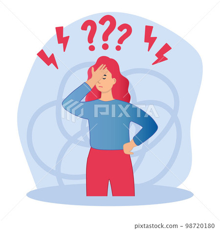 Dizzy with worries. A young woman is dizzy with problems. Woman thinks about something and looks at question marks yes or no. Vector illustration. 98720180