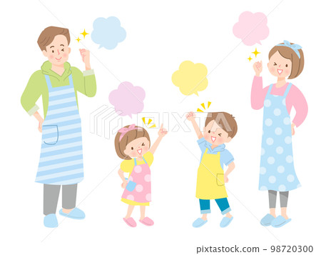 A set of positive facial expressions for a family of four in an apron 98720300