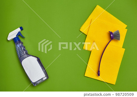 Detergents and cleaning accessories on a green background. Housekeeping concept. 98720509