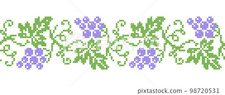 Grape border. Vector background for wine or juice label design. Grape seamless border. Pixel art, vyshyvanka, cross stitch Grape border. Vector background for wine or juice label design. Grape seamless border. Pixel art, vyshyvanka, cross stitch 98720531