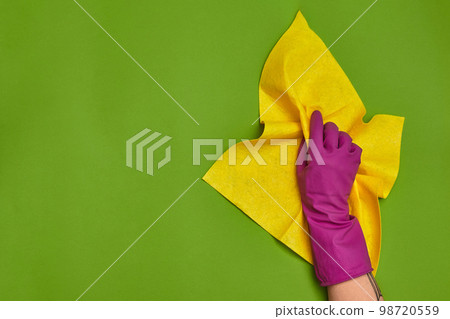 Detergents and cleaning accessories on a green background. Housekeeping concept. 98720559