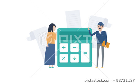 A man in work clothes with a calculator and a receipt A man in work clothes with a calculator and a receipt 98721157