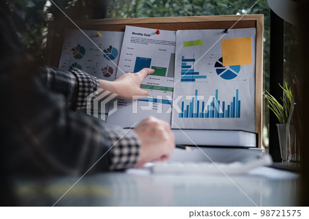 Rear view of female employee meeting via video call with employee brief the stock market chart. Rear view of female employee meeting via video call with employee brief the stock market chart. 98721575