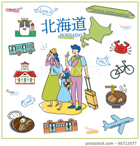 Tourist family and icon set (line drawing) enjoying gourmet sightseeing in Hokkaido, Japan 98722077