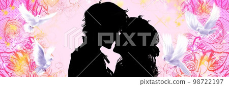 A romantic black and white illustration of a young man and woman who met through a coupling app and a pink flower garden background blessed by white doves 98722197