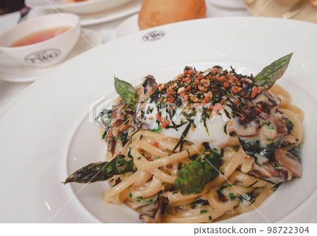 Pasta and tea for lunch Pasta and tea for lunch 98722304