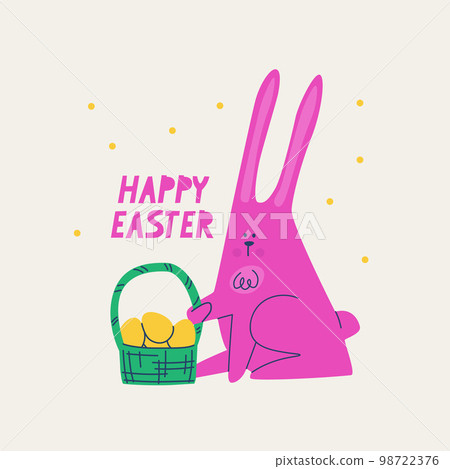 Cute pink bunny with a basket of Easter eggs. Happy Easter postcard. Vector multicolored trendy illustration. Cute pink bunny with a basket of Easter eggs. Happy Easter postcard. Vector multicolored trendy illustration. 98722376