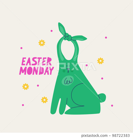 Cute funny green easter bunny with tied ears. Easter Monday postcard. Vector multicolored trendy illustration. 98722383