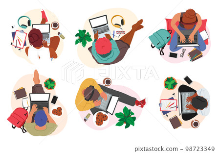 Set of Male and Female Characters with Laptops Top View. Freelancer, Office Worker or Student with Notebook Set of Male and Female Characters with Laptops Top View. Freelancer, Office Worker or Student with Notebook 98723349