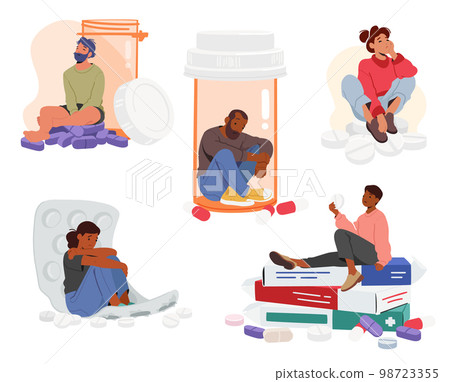 Set Of People Sitting On Medical Tablets. Concept Of Medication Illness And Disorder Treating, Antidepressants 98723355