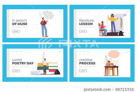 Creative Process Landing Page Template Set. Writers Or Poets Characters Reading And Writing Poetries 98723358