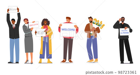 People Meeting Someone In Airport. Male And Female Characters Holding Welcome Banners Waiting Friend, Colleague 98723361