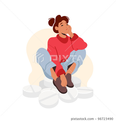 Woman Sit On Big Medicines Heap. Female Character Sitting On Huge Pile Tablets. Girl With Health Problem, Insomnia 98723490
