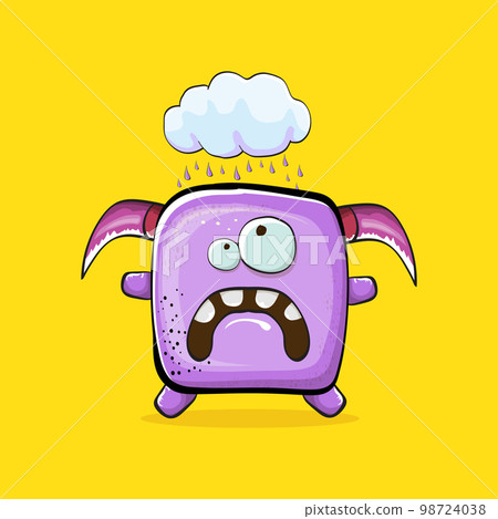 Vector cartoon funny violet monster with horn isolated on yellow background. Smiling silly violet monster print sticker design template. Ghost, troll, gremlin, goblin, devil and monster Vector cartoon funny violet monster with horn isolated on yellow background. Smiling silly violet monster print sticker design template. Ghost, troll, gremlin, goblin, devil and monster 98724038
