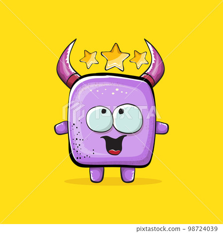 Vector cartoon funny violet monster with horn isolated on yellow background. Smiling silly violet monster print sticker design template. Ghost, troll, gremlin, goblin, devil and monster Vector cartoon funny violet monster with horn isolated on yellow background. Smiling silly violet monster print sticker design template. Ghost, troll, gremlin, goblin, devil and monster 98724039