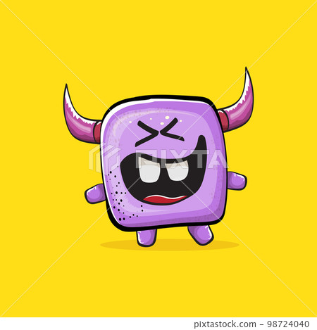 Vector cartoon funny violet monster with horn isolated on yellow background. Smiling silly violet monster print sticker design template. Ghost, troll, gremlin, goblin, devil and monster 98724040