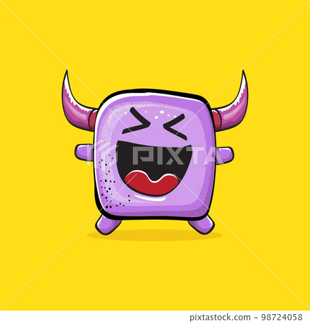 Vector cartoon funny violet monster with horn isolated on yellow background. Smiling silly violet monster print sticker design template. Ghost, troll, gremlin, goblin, devil and monster Vector cartoon funny violet monster with horn isolated on yellow background. Smiling silly violet monster print sticker design template. Ghost, troll, gremlin, goblin, devil and monster 98724058