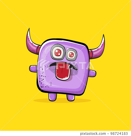 Vector cartoon funny violet monster with horn isolated on yellow background. Smiling silly violet monster print sticker design template. Ghost, troll, gremlin, goblin, devil and monster 98724183