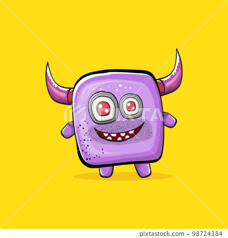 Vector cartoon funny violet monster with horn isolated on yellow background. Smiling silly violet monster print sticker design template. Ghost, troll, gremlin, goblin, devil and monster Vector cartoon funny violet monster with horn isolated on yellow background. Smiling silly violet monster print sticker design template. Ghost, troll, gremlin, goblin, devil and monster 98724184