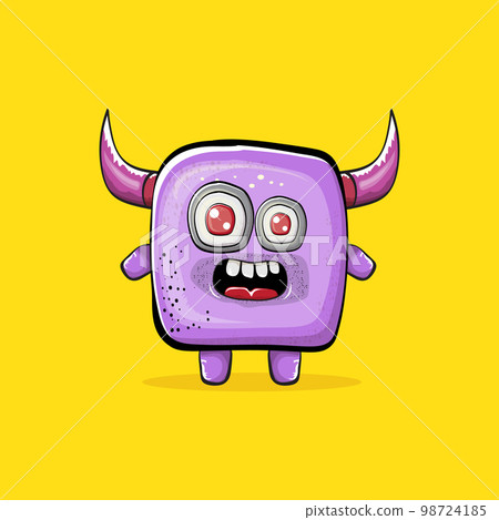 Vector cartoon funny violet monster with horn isolated on yellow background. Smiling silly violet monster print sticker design template. Ghost, troll, gremlin, goblin, devil and monster Vector cartoon funny violet monster with horn isolated on yellow background. Smiling silly violet monster print sticker design template. Ghost, troll, gremlin, goblin, devil and monster 98724185