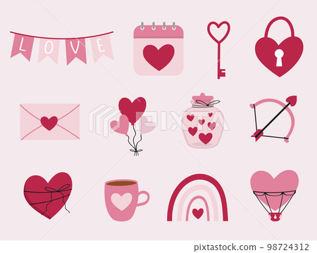 Cute cartoon style Valentine's Day set of elements. Cute cartoon style Valentine's Day set of elements. 98724312