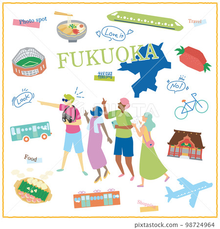 Icon set with tourists enjoying gourmet sightseeing in Fukuoka Prefecture, Japan Icon set with tourists enjoying gourmet sightseeing in Fukuoka Prefecture, Japan 98724964
