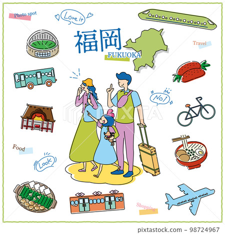 Traveler family and icon set (line drawing) enjoying gourmet sightseeing in Fukuoka Prefecture, Japan Traveler family and icon set (line drawing) enjoying gourmet sightseeing in Fukuoka Prefecture, Japan 98724967