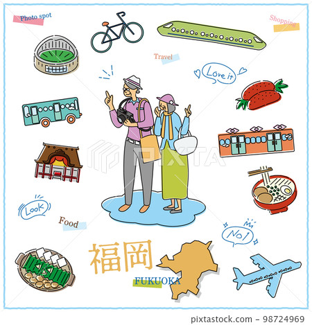 在日本福岡縣享受美食觀光的老年夫婦和圖標集(畫線) 在日本福岡縣享受美食觀光的老年夫婦和圖標集(畫線) 98724969