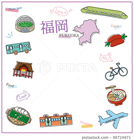 Fukuoka prefecture gourmet tourism icon set (line drawing) in Japan 98724971