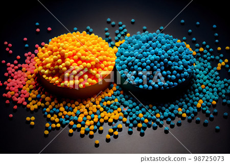Crushed plastic granules for recycling. Plastic crusher. Recycled plastic with mixed colors. The concept of recycled plastic used Crushed plastic granules for recycling. Plastic crusher. Recycled plastic with mixed colors. The concept of recycled plastic used 98725073