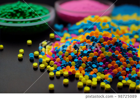 Crushed plastic granules for recycling. Plastic crusher. Recycled plastic with mixed colors. The concept of recycled plastic used Crushed plastic granules for recycling. Plastic crusher. Recycled plastic with mixed colors. The concept of recycled plastic used 98725089