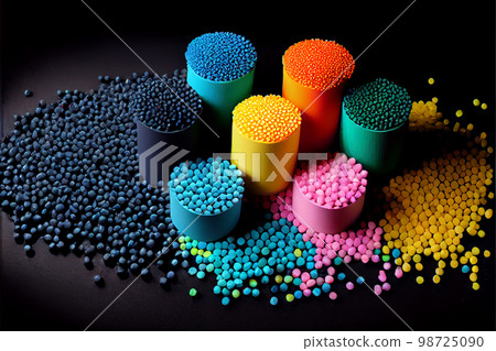 Crushed plastic granules for recycling. Plastic crusher. Recycled plastic with mixed colors. The concept of recycled plastic used Crushed plastic granules for recycling. Plastic crusher. Recycled plastic with mixed colors. The concept of recycled plastic used 98725090