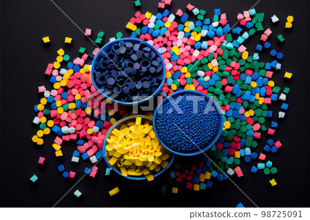 Crushed plastic granules for recycling. Plastic crusher. Recycled plastic with mixed colors. The concept of recycled plastic used Crushed plastic granules for recycling. Plastic crusher. Recycled plastic with mixed colors. The concept of recycled plastic used 98725091