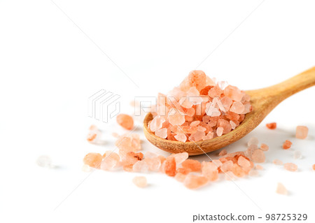 Himalayan Rock pink Salt on wood spoon isolated on white Himalayan Rock pink Salt on wood spoon isolated on white 98725329
