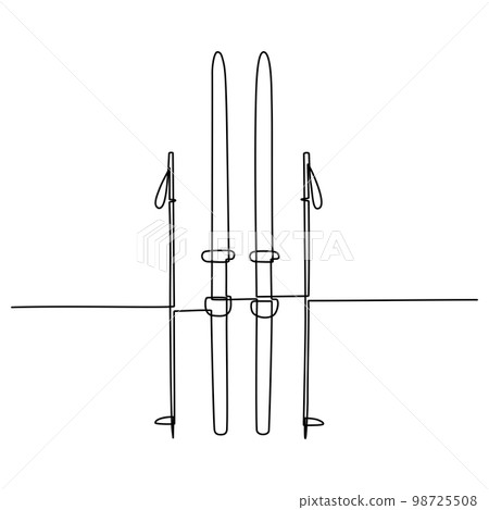 Continuous one line drawing of skis and ski poles. Vector illustration Continuous one line drawing of skis and ski poles. Vector illustration 98725508